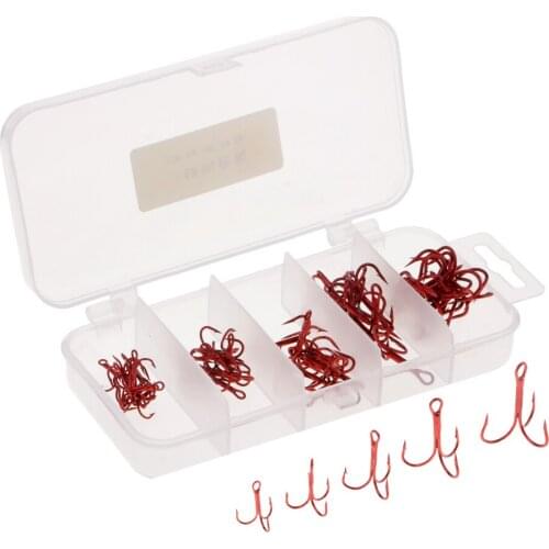 50 Pieces Treble Hooks High Carbon Steel Barbed Fishing Hook with Tackle Box