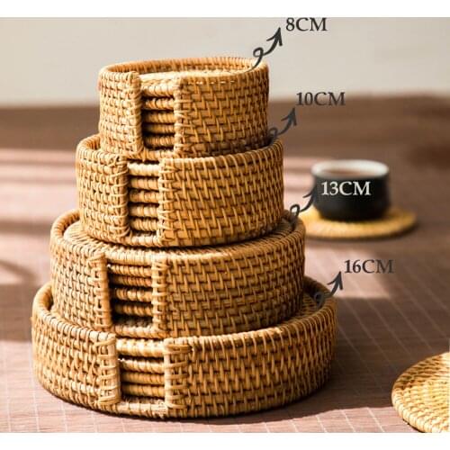 6pcs Woven Rattan Coasters Placemats Handcrafted Heat-insulating Coffee Drink Cup Placemats with Storage Holder for Home DecorWF