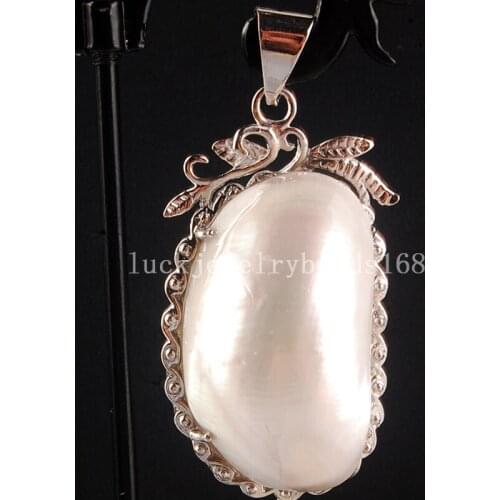Free Shipping Women Fashion Jewelry 26x48x13mm Beautiful White Mother of pearl Shell Oval Pendant Bead C3842