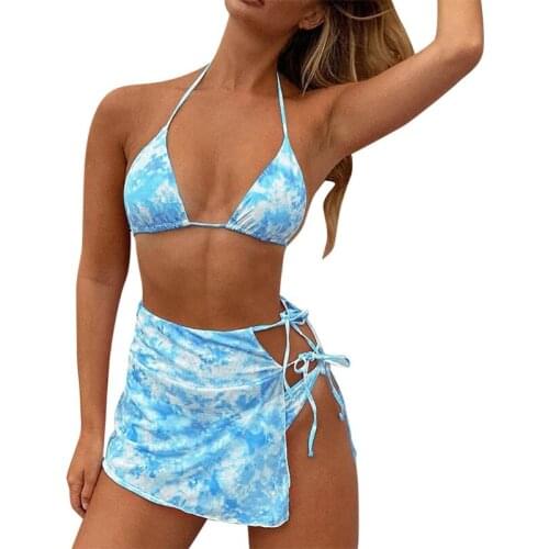 2021 Top Women Sexy Tie-Dye 3pcs Bikini Set Halter Triangle Swimsuit with Sarong Skirt