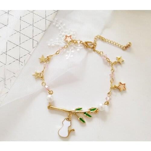 White cat Leaf Pendant Bracelet
