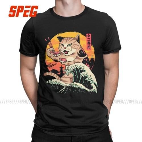 Japanese Sushi Neko Food Retro Wave Cat T-Shirt Men Crazy Pure Cotton Tee Shirt O Neck Short Sleeve T Shirt Plus Size Clothing