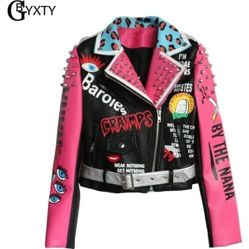 GBYXTY Punk Leopard Print Rivet Faux Leather Jacket and Coat Women Streetwear Graffiti Motorcycle Short Pu Leather Jacket ZA2352