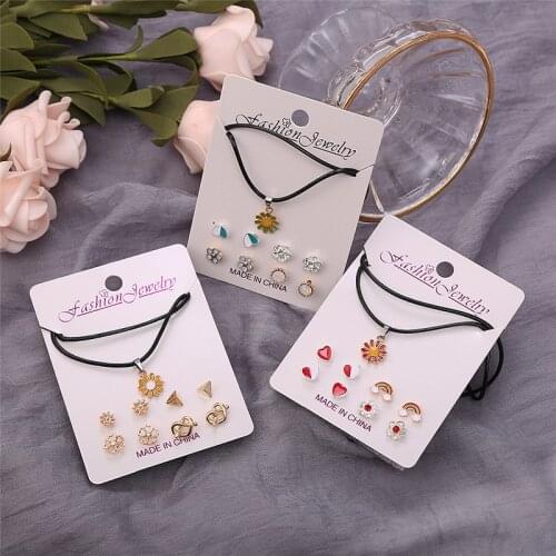 HTZZY Necklace/Earrings Jewelry Set for Women New Statement Flowers Pendant Necklace Heart Stud Earrings 1 Pcs+4 Pairs Set