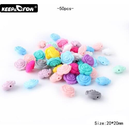 Keep&Grow 50Pcs Rose Silicone Beads Food Grade Mini Flower Baby Teething Beads Silicone Teether DIY Necklace Making Teething Toy