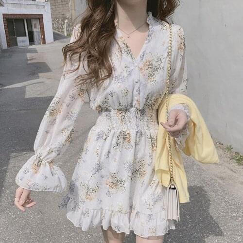 Cute Mini Dresses Party Date Wear Woman Long Sleeve Korea Japan Ruffled Sweet Girls Little Floral Chiffon Dress