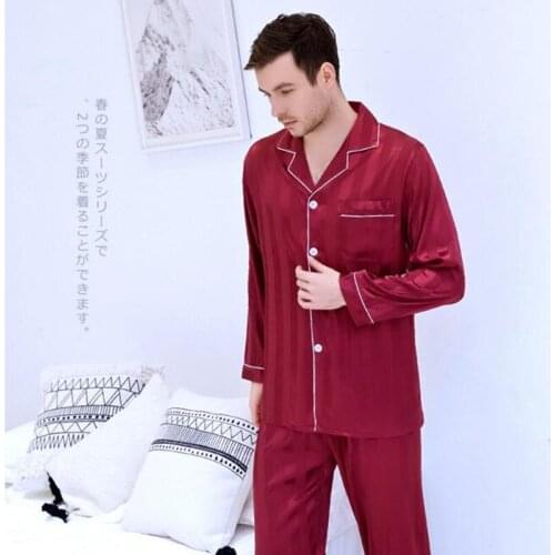 Mens Comfortable Pajamas Long-sleeved Ice Silk Suits Youth Nightwear Plus Size Satin Silk Leisure All Seasons Home Clothes J015