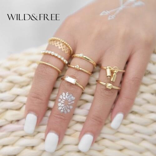 Wild & Free 8 PCS Gold Finger Ring Set Jewelry Infinity Rhinestone Bullet Pendant Plain Rings Wedding Jewelry 2018 New