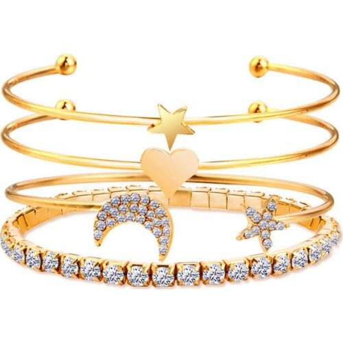New Fashion Elegant Cute Star Moon Heart Bracelet Multilayer Rhinestone Gold Silver Color Alloy Bracelets For Lady Birthday Gift