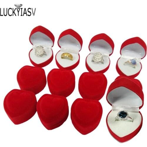 Wholesale 24Pcs Romantic Velvet Birthday engagement Ring Box Red Heart Shaped Valentines Day Ring Gift Box Velvet Ring Box
