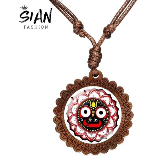 SIAN Lord Jagannath Necklace OM Lotus Puri India Hindu God Art Pattern Handmade Wooden Necklace Glass Cabochon Best Friend Gifts