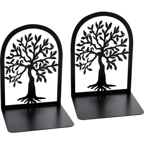 1 Pair Black Life Tree Bookends Metal Non-slip Bookend Bracket Heavy Book End Book Stopper For Office Home