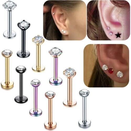 1PC 16G Stainless Steel Labret Tragus Cartilage Earring Punk Cz Gem Round Tragus Lip Ring Monroe Ear Cartilage Earring Piercing