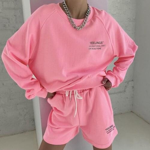 Knitted Suit 2020 New Personality Fluorescent Color Letter Printing Casual Two-piece Loose Top and Shorts Solid Color Sportswear