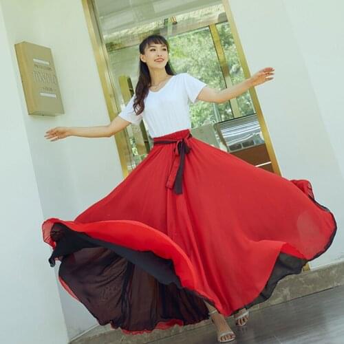 Spring autumn new chiffon dancing skirts on both sides wear two-color big swing skirt long skirts beach vacation skirts women nn
