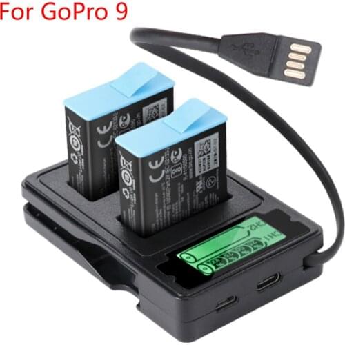 Dual-Slot USB Charger for GoPro Hero 9 Black Battery Type-C Charging Cable LCD Display Smart Charger Dock for go pro 9 Accessory