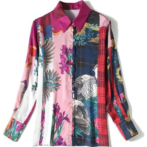 2021 New Fashion Print Women Shirt Blouses Long Sleeve Turn-down Collar Satin Shirt Casual Tops Elegant Vintage Straight Shirt