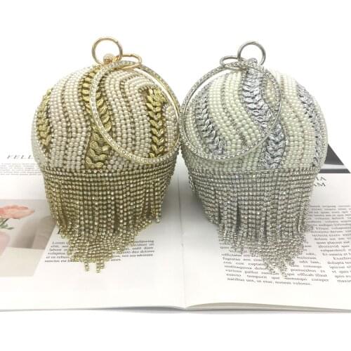 Women Diamond chain bracelet fashion bag hand fringed circular handbag bridal bag new