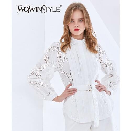 TWOTWINSTYLE Casual White Shirt For Women Lapel Lantern Sleeve Tunic Sashes Elegant Blouse Female Fashion New Clothing Style