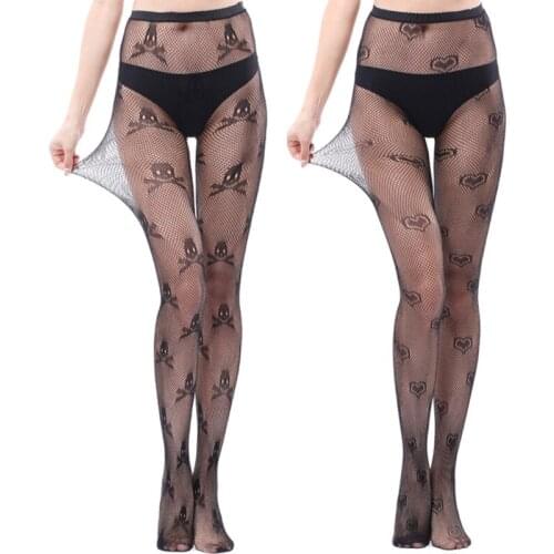 K3NF Women High Waist Mesh Black Stretch Pantyhose Skull Heart Print Fishnet Tights Stockings Sexy Sheer Patterned Hosiery