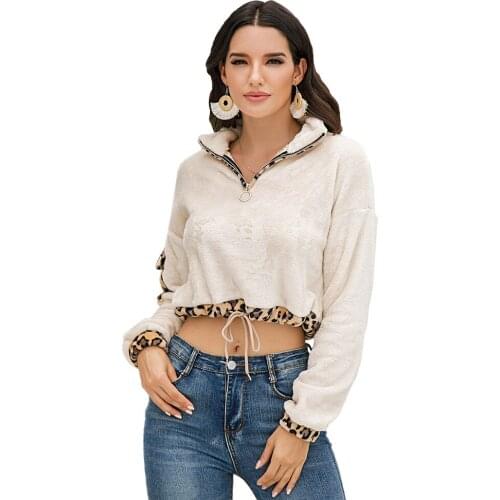 Women Comfy Leopard Print V Neck Pullover Shirts Crop Tops Jacket Colorblock Drawstring Waist Zip Stylish Sexy Warm Sweatshirt