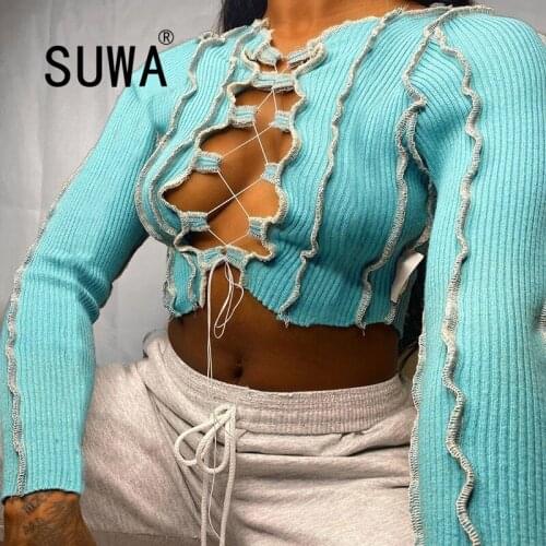 2020 Long Sleeve Patchwork Bandage Hollow Out Sexy Crop Top Autumn Winter Women Fashion Streetwear Outfit T-Shirts Tees