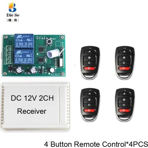 433MHz WirelessRemote Control Switch DC 12V 2CH Relay Receiver Module For Light Lamp Switch or Garage Door Opener 4 Button