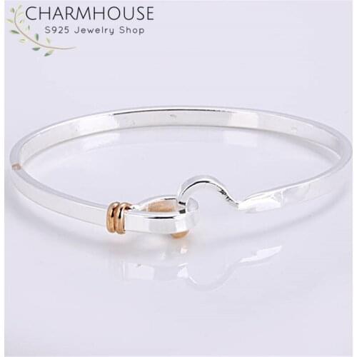 Charmhouse Pure Silver Bangles For Women Gold Color Hook Cuff Bangle & Bracelet Wristband Pulseira Femme Wedding Bridal Jewelry