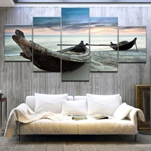 Framework Living Room HD Printed Painting 5 Panel Wooden Boat Sea Landscape Modern Wall Art Pictures Home Decoration Posters