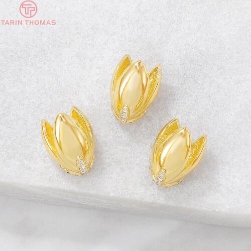 4PCS 8x11MM Hole 1MM 24K Gold Color Brass with Zircon Bead Caps Connector High Quality DIY Jewelry Making Findings Accessories