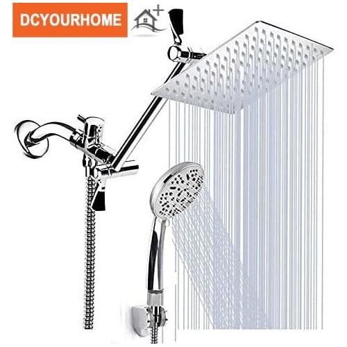 8 Inch High Pressure Rain/Hand Shower Head Combination with 11 Inch Extension Arm Adjustable Stainless Steel Bathroom Showerhead