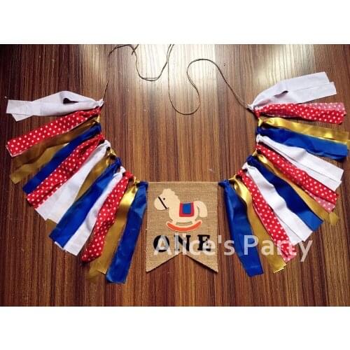 New Kids Highchair Bunting ONE Banner 1st Birthday Party Gold Blue Garland Carrousel Whirligig Horse Birthday Cake Smash Decor