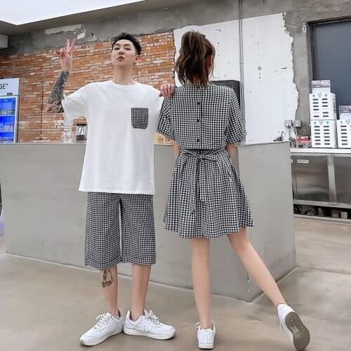 Couples summer new fashion students backless plaid dress mens T-shirt suit couples clothes couples clothing