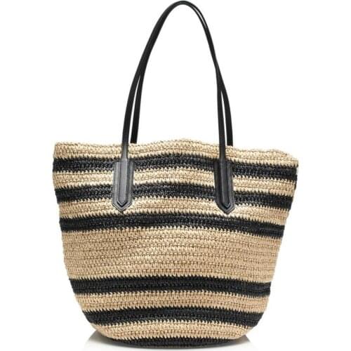 New Striped High Capacity WomenS Handbag Real Handmade Lafite Shoulder Bag Seaside Vacation Travel Beach Knitting Straw Bag
