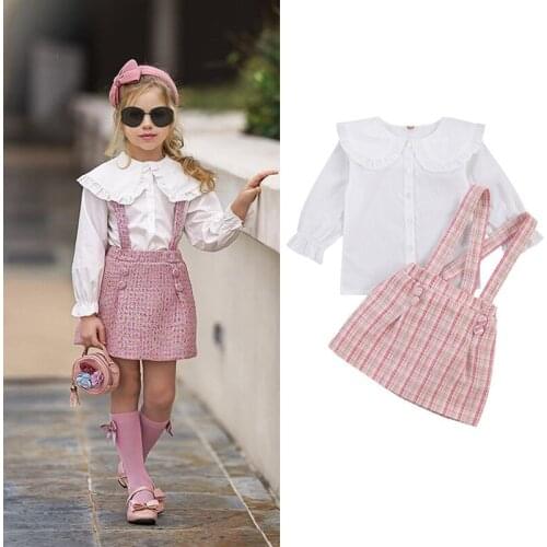 Autumn Princess Kids Baby Girls Clothes Sets 2pcs Peter Pan Collar Single Breasted Tops Plaid Print Bib Strap Dress