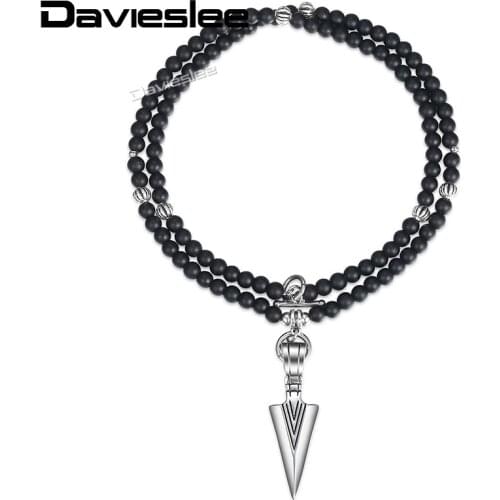 Davieslee Black Glass Womens Mens Beaded Neckalce Buddha Matte Silver Color Arrow Pendant Necklace Lantern Charms 6mm LDNM07