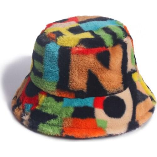 HanXi Fashion Winter Bucket Hat Faux Rabbit Fur Sombrero Cubo for Women Men Warm Print Fishing Cap Children