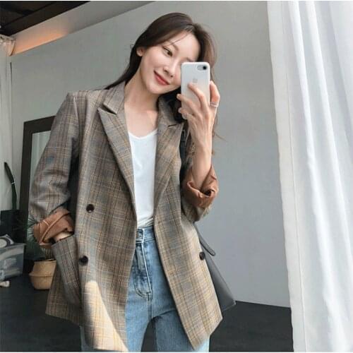 Womens jacket suit Double-breasted vintage casual check ladies blazer 2019 new autumn high quality office suit jacket female
