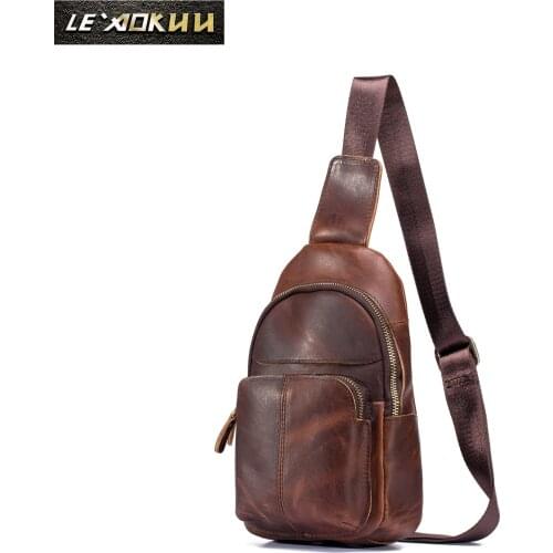 Men Original Leather Casual Fashion 8" Tablet Crossbody Chest Sling Bag Design Travel One Shoulder Bag Daypack Male 8002-db
