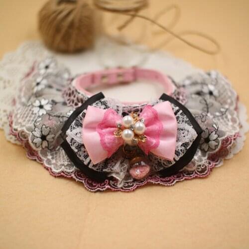 Handmade Court Style Leather Dog Collar Pet Accessories Black Lace Pearl Pink Bow Knot Small Cats Puppy Poodle Maltese Yorkie