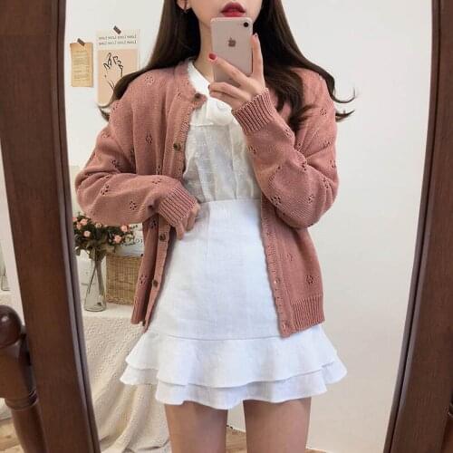 Chic Hook Flower Hollow Knit Cardigan Sweater Female Korean Harajuku Womens Sweaters Japanese Kawaii Ulzzang Clothing For Women