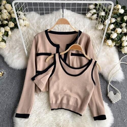 SINGREINY Women Autumn Retro Korean Knitted Set Sexy Sleeveless Slim Short Strap Top+Long Sleeve Casual Cardigan Two Piece Suits