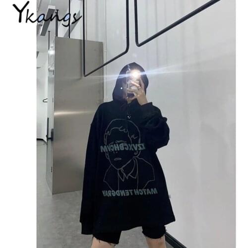 Harajuku Print Hooded Sweatshirt Korean Style All-match Long-sleeved Womens Blouse 2021 Casual Fashion Loose Ladies Sports Top