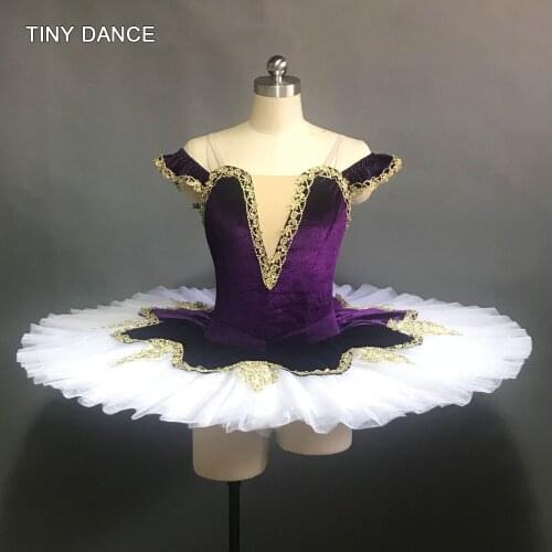 Off Shoulder Dark Purple Velvet Bodice with Gold Trim White Tutu Professional Ballet Pancake Tutu Ballerina Dance Costume BLL141