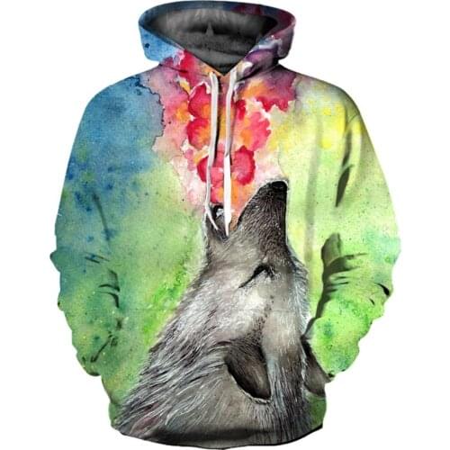 Sprayed flame graffiti gray wolf printed green 3D hooded sweatshirt