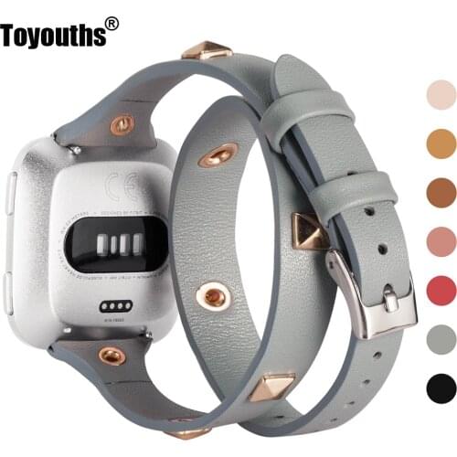 Toyouths Leather Double Wrap Band for Fitbit Versa Women Fashion Leisure Sport Bracelet Strap with Rivet for Fitbit Versa 2