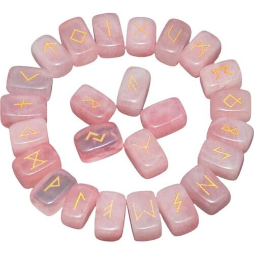 TUMBEELLUWA 1Lot (25Pc) Pink Quartz Engraved Rune Stones Set Healing Reiki Crystal Tumbled Stones