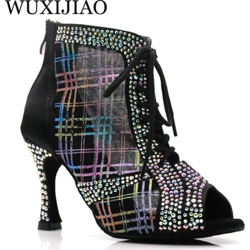 WUXIJIAO Latin dance high boots shoes soft sole shoes salsa ballroom ladies mesh dance shoes Cuba high heels 9CM