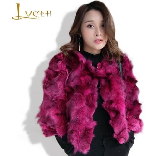 LVCHI Brand 2019 New Genuine Fur Womens Jacket Real Fur Rose Red Coats For Women Full Pelt O-Neck Fox Leather Solid Fur Coat