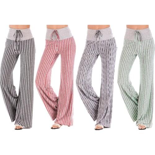 Plus Size New Arrival Women Casual Stretch Wide Leg Pants Stripes High Waist Lace Up Long Pant Loose Home Trousers M-2XL